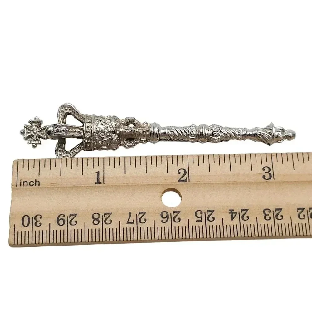 Crown Cross Scepter Staff Long Brooch Pin Silver Tone Vintage